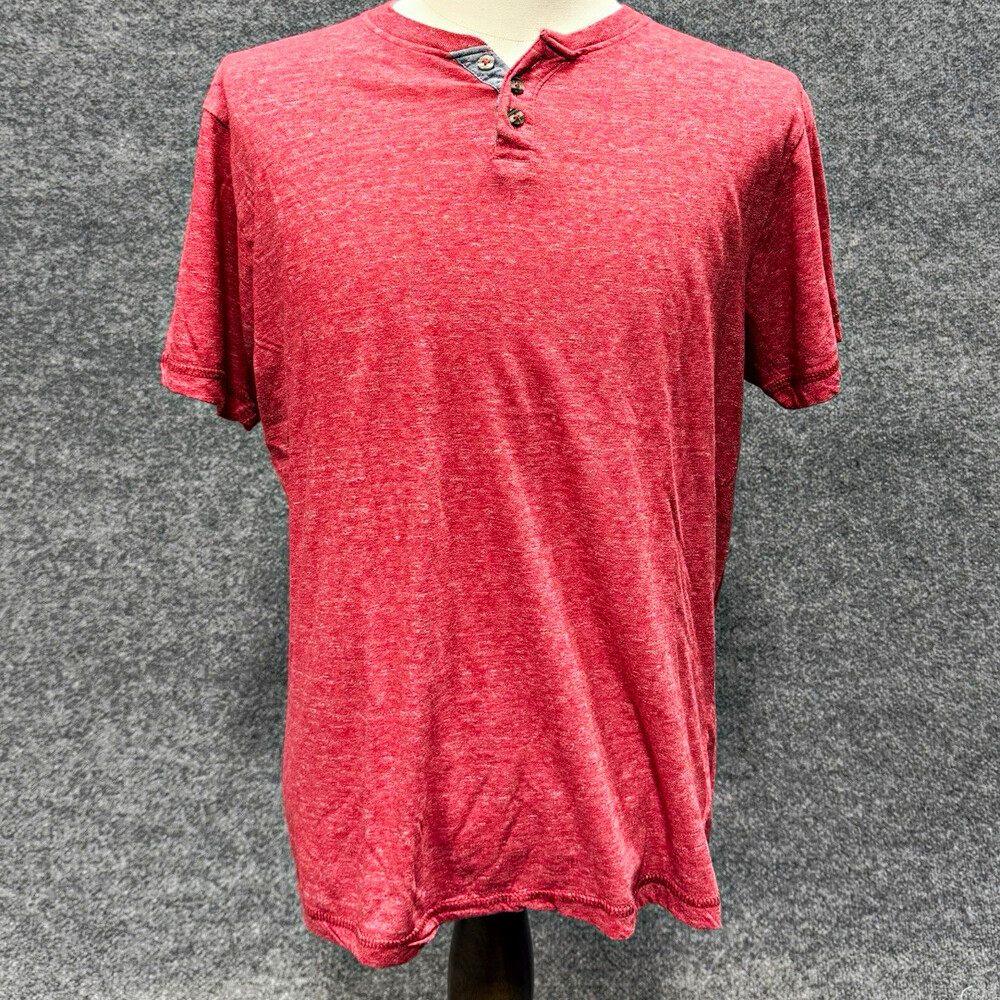 London Fog Men’s Large Red Henley Shirt Short Sleeve Heathered Casual Buttons